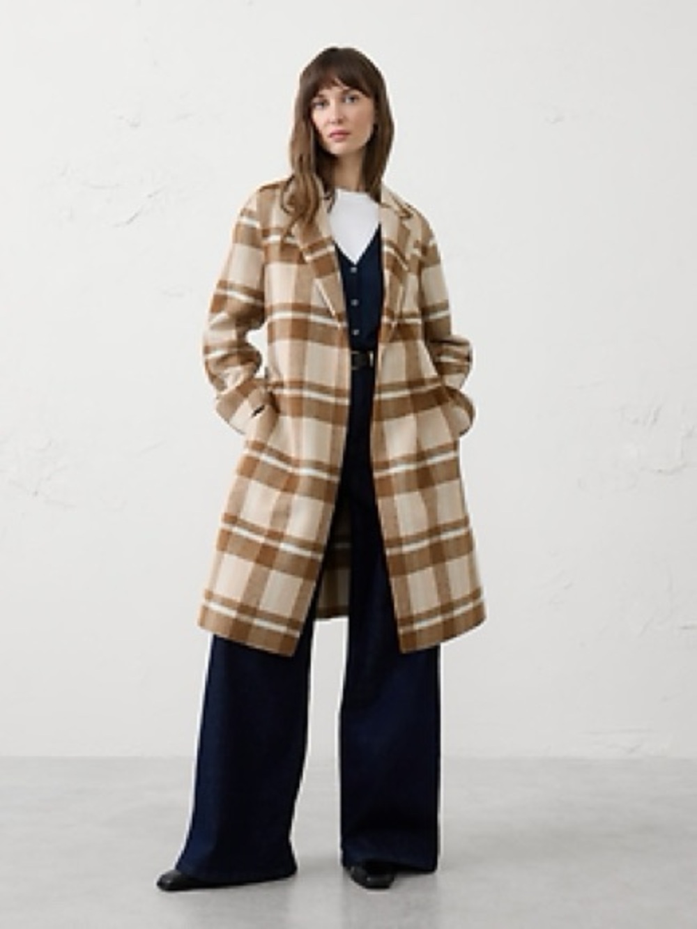 Banana Republic Plaid Wool Blend Belted Trench Coat in Beige and Brown XXL NWT